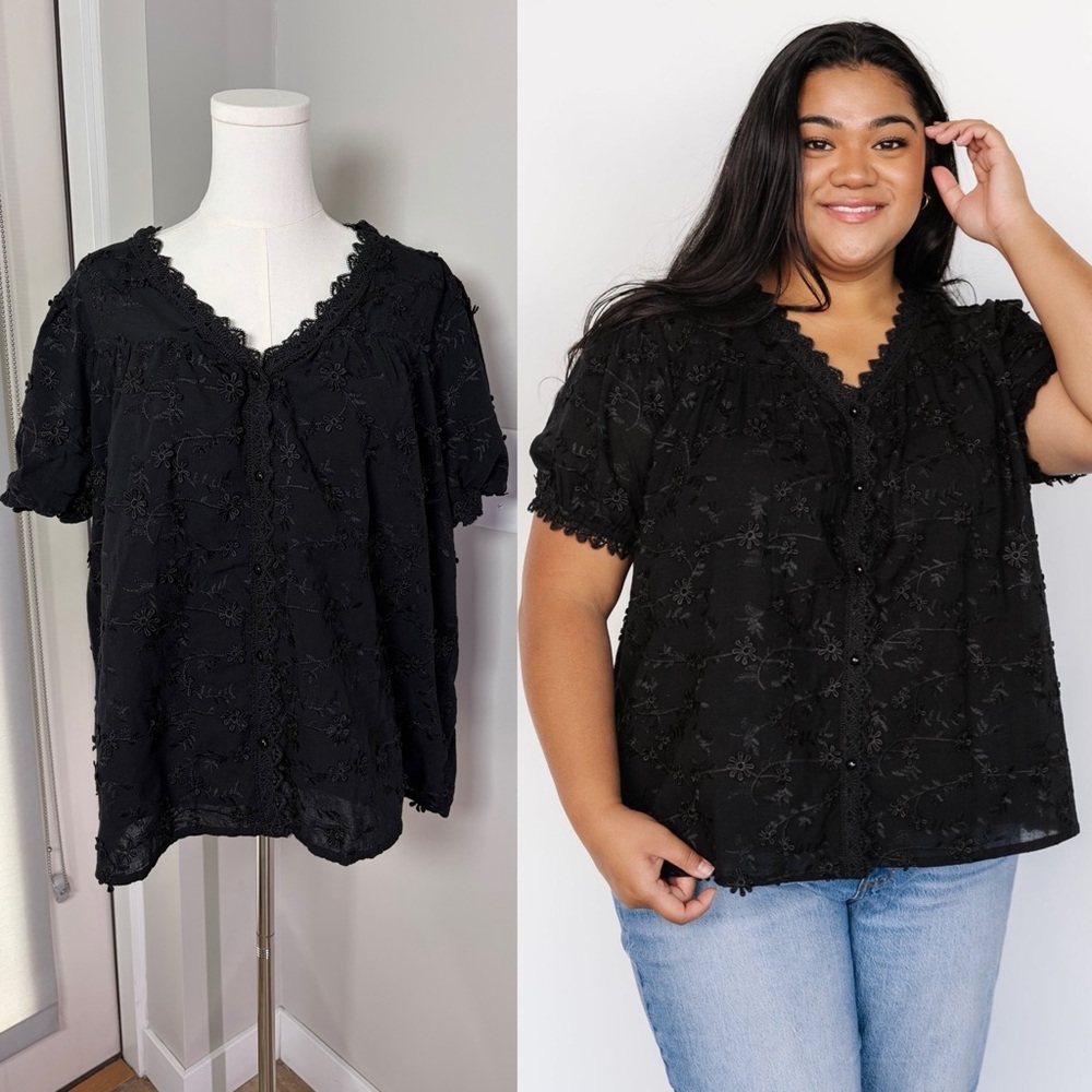 Baltic Born Black Pauline Embroidered Floral Top Size 1XL Prarie Farmhouse